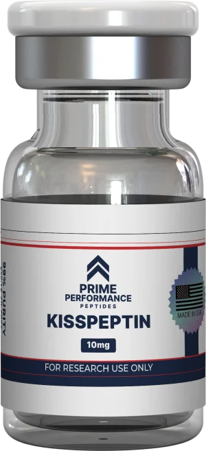 Kisspeptin-10 peptide in a clear laboratory vial, used for research on reproductive hormone regulation and fertility signaling.