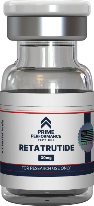 Clear vial containing Retatrutide peptide for research or clinical use, highlighting its role as a GLP‑1/GIP/glucagon receptor agonist supporting weight loss and metabolic health.