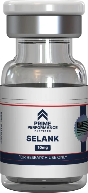 Clear vial containing Selank peptide for research or clinical use, highlighting its role in reducing anxiety, supporting mood, and enhancing cognitive function.