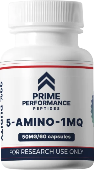 5-Amino-1MQ research compound displayed in a labeled vial with sterile laboratory-style packaging, representing a high-purity NNMT inhibitor studied for metabolic research.