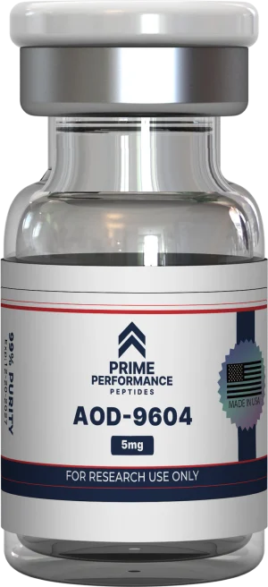 AOD9604 peptide product shown in a sterile laboratory-style vial, representing a research-grade compound studied for metabolic and fat metabolism pathways.