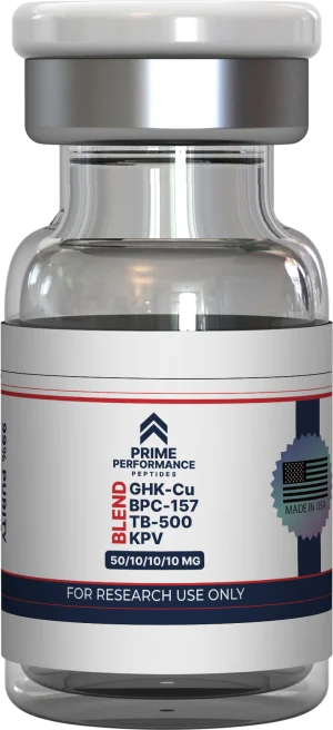 KLOW peptide blend in a clear laboratory vial, used for research on tissue regeneration, inflammation control, and cellular repair.