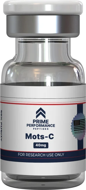 Clear vial containing MOTS-c peptide powder for research, highlighting its use in supporting mitochondrial function, metabolism, and cellular energy.