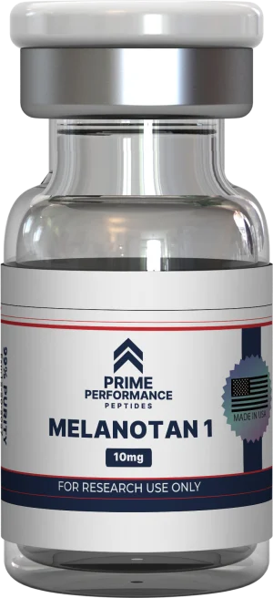 Melanotan 1 peptide in a clear laboratory vial, used for research on melanin production, skin tanning, and photoprotection.