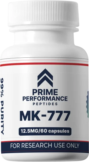 MK‑777 (Acetamoren) compound in a white bottle, used for research on growth hormone stimulation, IGF‑1 increase, muscle growth, and metabolic pathways.