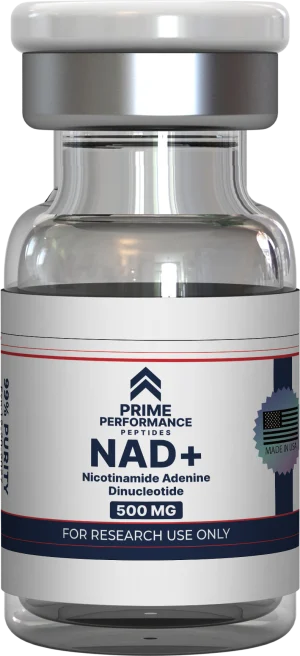 Clear vial containing NAD+ powder or solution for research use, highlighting its role in cellular energy, metabolism, and mitochondrial support.