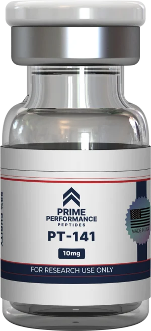 Clear vial containing PT-141 (Bremelanotide) peptide for research or clinical use, highlighting its role in enhancing sexual arousal and libido.