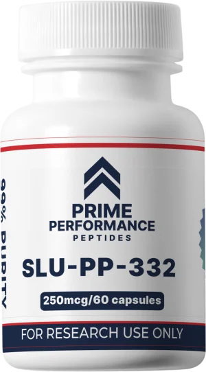 White research bottle containing SLU‑PP‑332 peptide, a small-molecule ERR agonist studied for enhancing mitochondrial function, metabolism, and cellular performance.