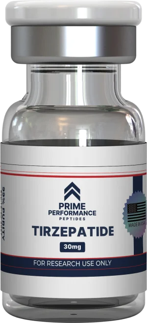 Clear vial containing Tirzepatide peptide for research or clinical use, highlighting its role in improving blood sugar control, supporting weight loss, and enhancing metabolic health.