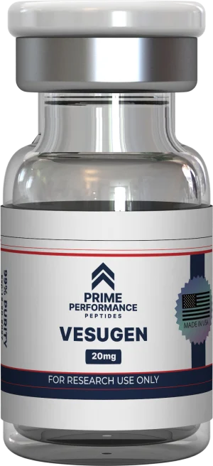 Clear vial containing Vesugen peptide for research use, highlighting its role in supporting endothelial function, improving microcirculation, and promoting cardiovascular health.